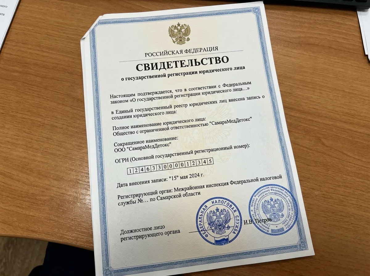 Свидетельство о государственной регистрации юридического лица ООО СамараМедДетокс, лист с печатями налоговой службы