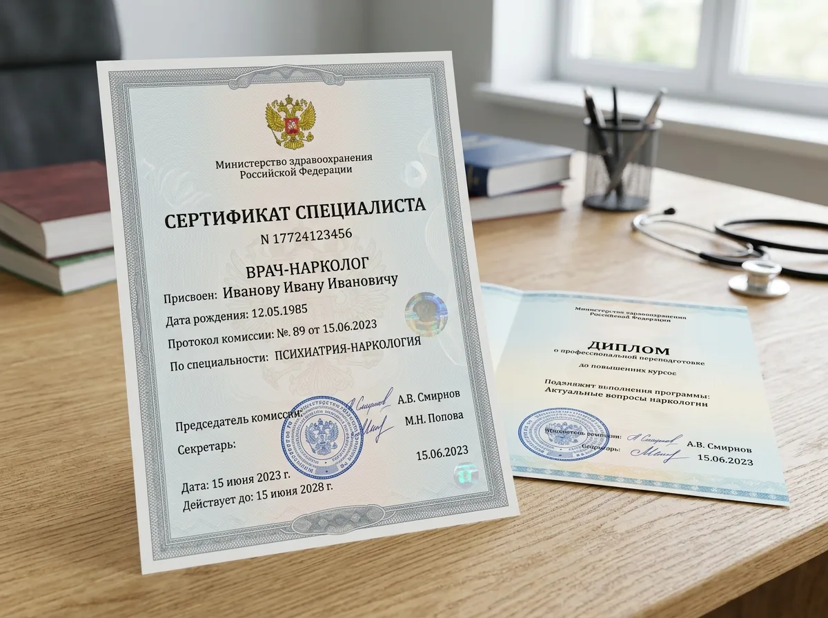 Сертификат специалиста врача-нарколога, диплом о прохождении курсов повышения квалификации по наркологии, Минздрав РФ